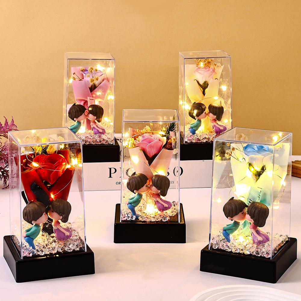 Eternal rose couple doll square flower cover Valentine's Day gift night light creative ornament