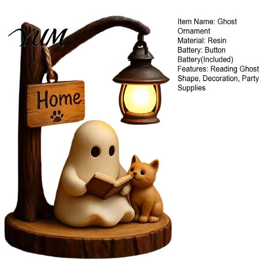 Mini Ghost Statue Halloween Reading Figurine, LED Light-up Street Light Resin with Statue, Cat Desktop Decoration for Holiday Party Book