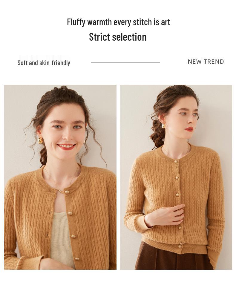 Women's Round Neck Single-Breasted Wool Cardigan - Autumn/Winter Cable Knit Long Sleeve Sweater Jacket