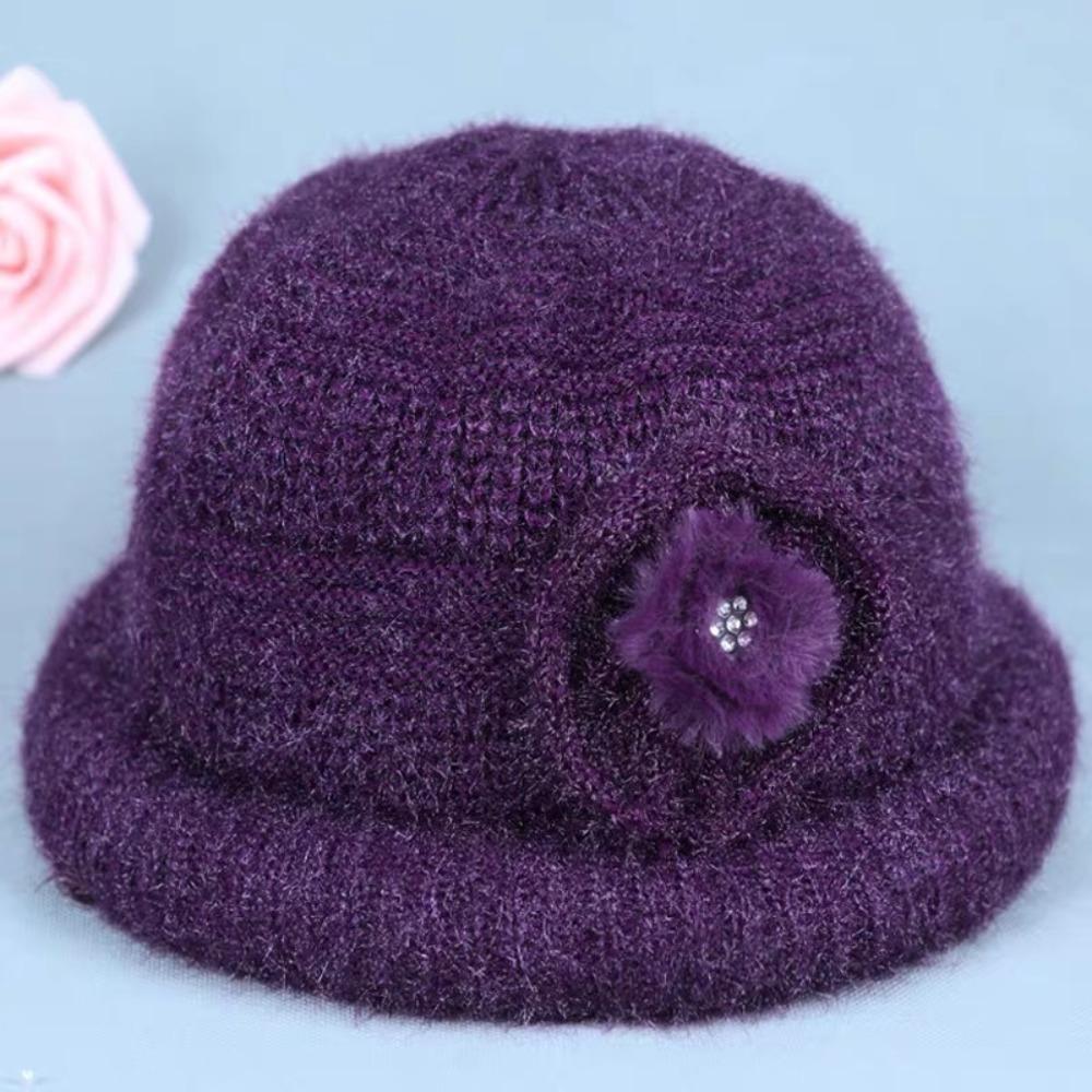 New Flower Decor Knitted Hat Thickened Coldproof Plush Warmth Hat Big Size Winter Cap Middle-aged And Elderly
