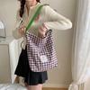 Canvas bag women's new contrasting color plaid shoulder bag college student literary commuter tote bag