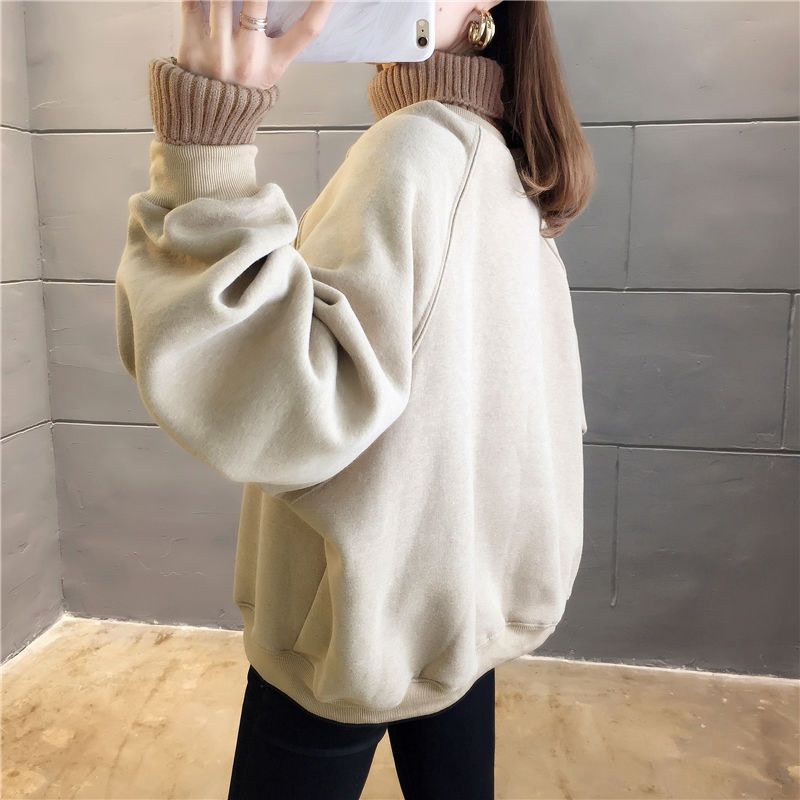 Sweatshirt for Women Padded Thickened Sweatshirt High Neck Loose Fake Two Piece Fleece Casual Pullover Long Sleeve Top Sweatshirt