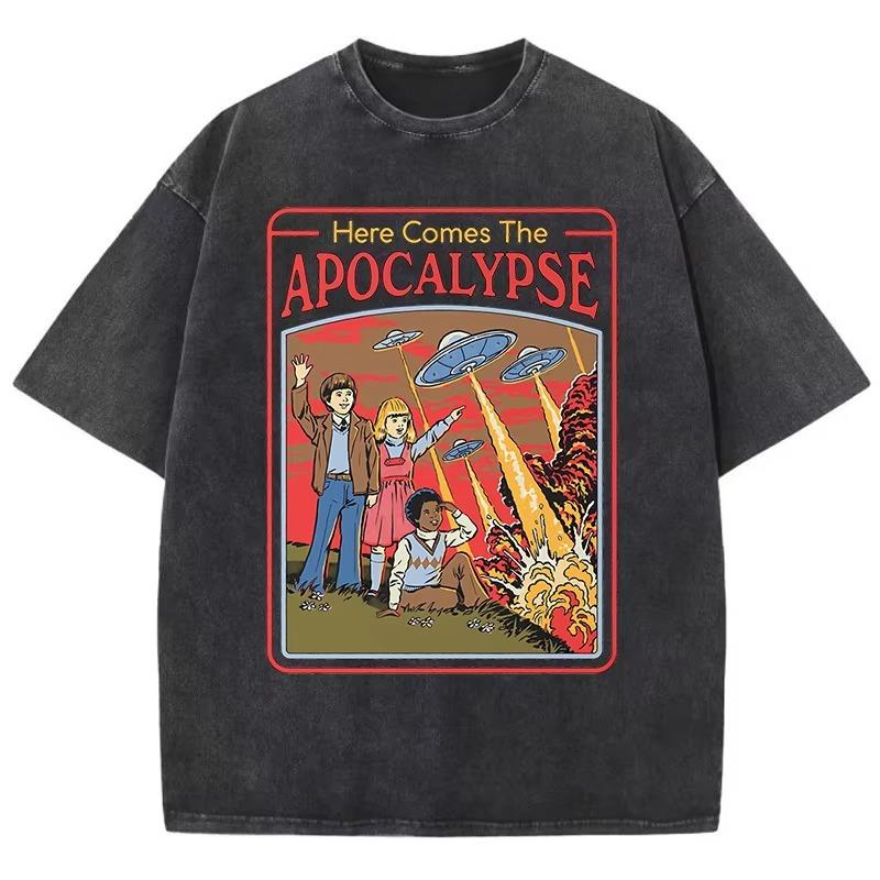 

Here Comes The Apocalypse Ufo Washed Retro Unisex Clothing Oversized Quality Streetwear Fashion Cotton Tops Casual Loose TShirt 2XL