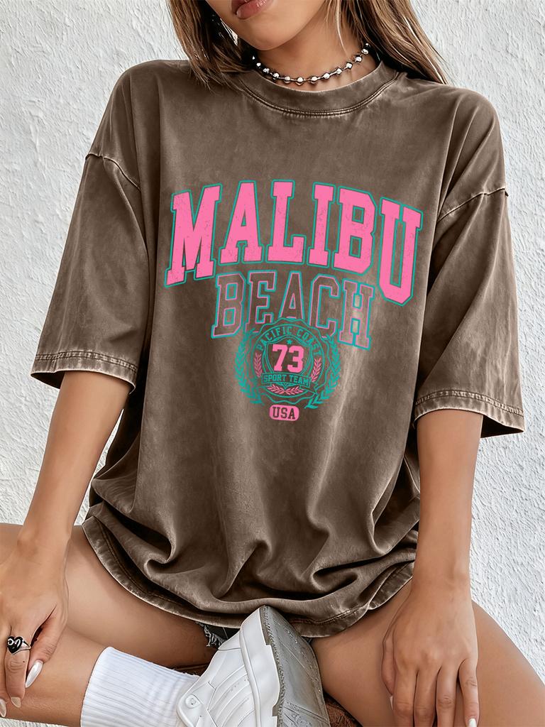 Malibu Beach Druck gewaschene T-Shirts Damen Baumwolle Kurzarm Tops Street Rundhals Oversized T-Shirts Hip Hop Trend Kleidung