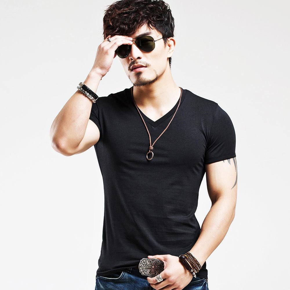

V Collar Men T-Shirt Short Sleeve Mens T Shirt Half Sleeve Lycra Cotton Man T-Shirt for Male Tshirt Clothing S