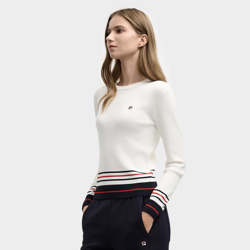 Fila Heritage Soft Skin-Friendly Casual Fashion Simple Versatile Long Sleeve Knit Top Women Tops Cloud-Mushroom-White F11W548408FWT
