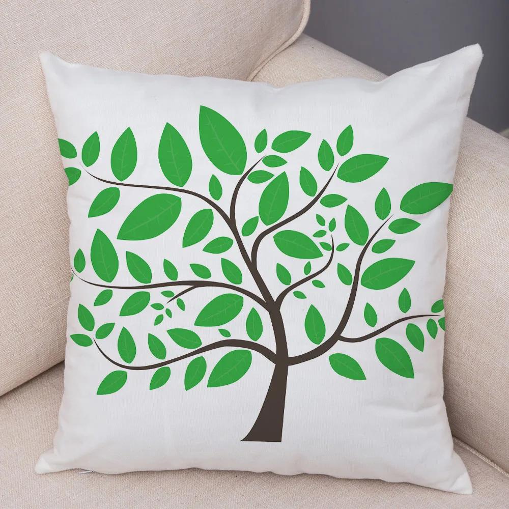 Nordic Style Green Leaf Cushion Cover Decor Cartoon Tree Print Pillow Case for Sofa Home Car 45x45cm Soft Plush Pillowcase