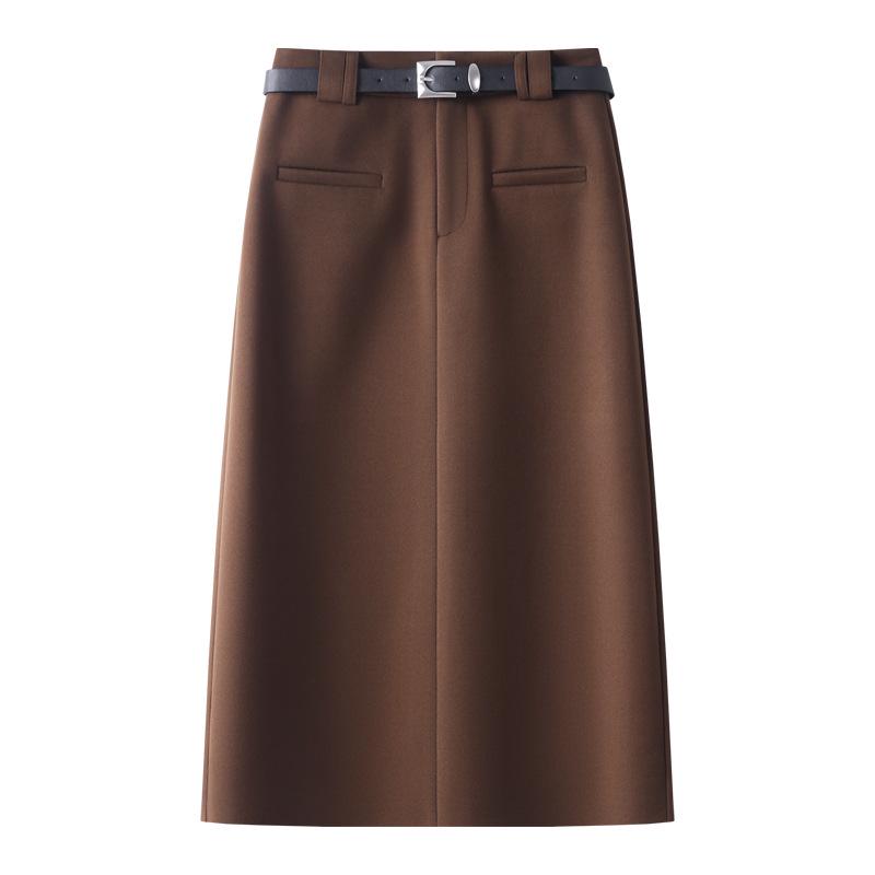 

Khaki Wool Midi Skirt for Women - 2024 Autumn/Winter Business Bodycon with Slit XL