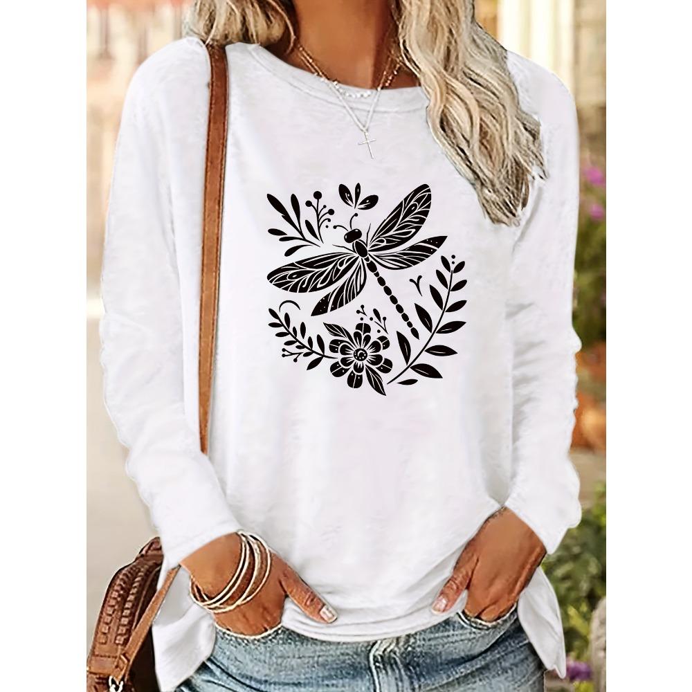 Women's black and white dragonfly long sleeved shirt, Spring and Autumn women's T-shirt