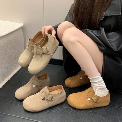 2025 Herbst Damen hellbraune Schnalle Beanie Schuhe lässige flache Schuhe trendige Studenten vielseitige Retro Oma Schuhe