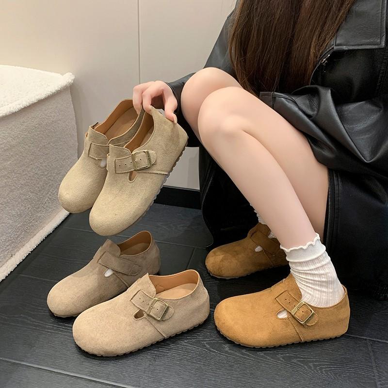 2025 Autumn Women's Light Brown Buckle Beanie Shoes Casual Flats Ins Trendy Student Versatile Retro Grandma Shoes