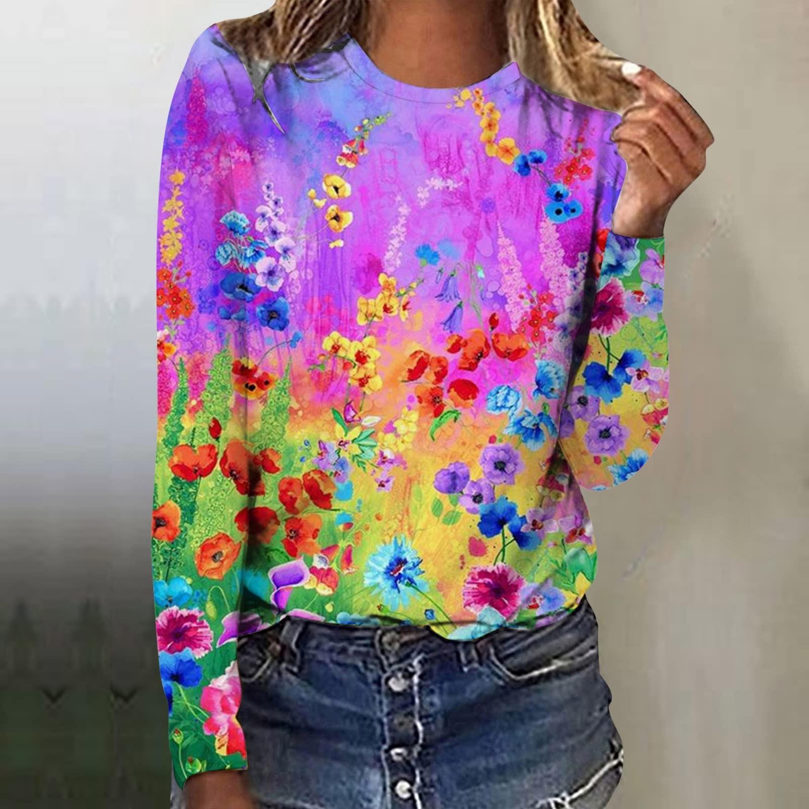 

Женская мода повседневный топ с длинным рукавом с цветочным принтом и круглым вырезом XXL фиолетовый