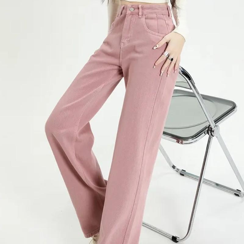 Women's Summer Dirty Pink High Waisted Wide Leg Jeans Straight Leg Loose Fit Versatile Slimming Long Pants