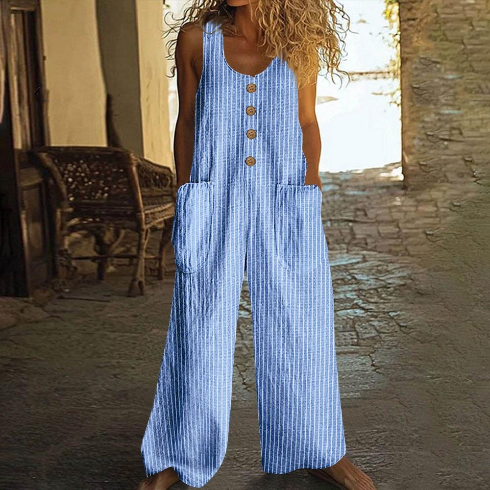 Women s U Neck Sleeveless Striped Linen Jumpsuit Loose Fit Casual Overalls S синий