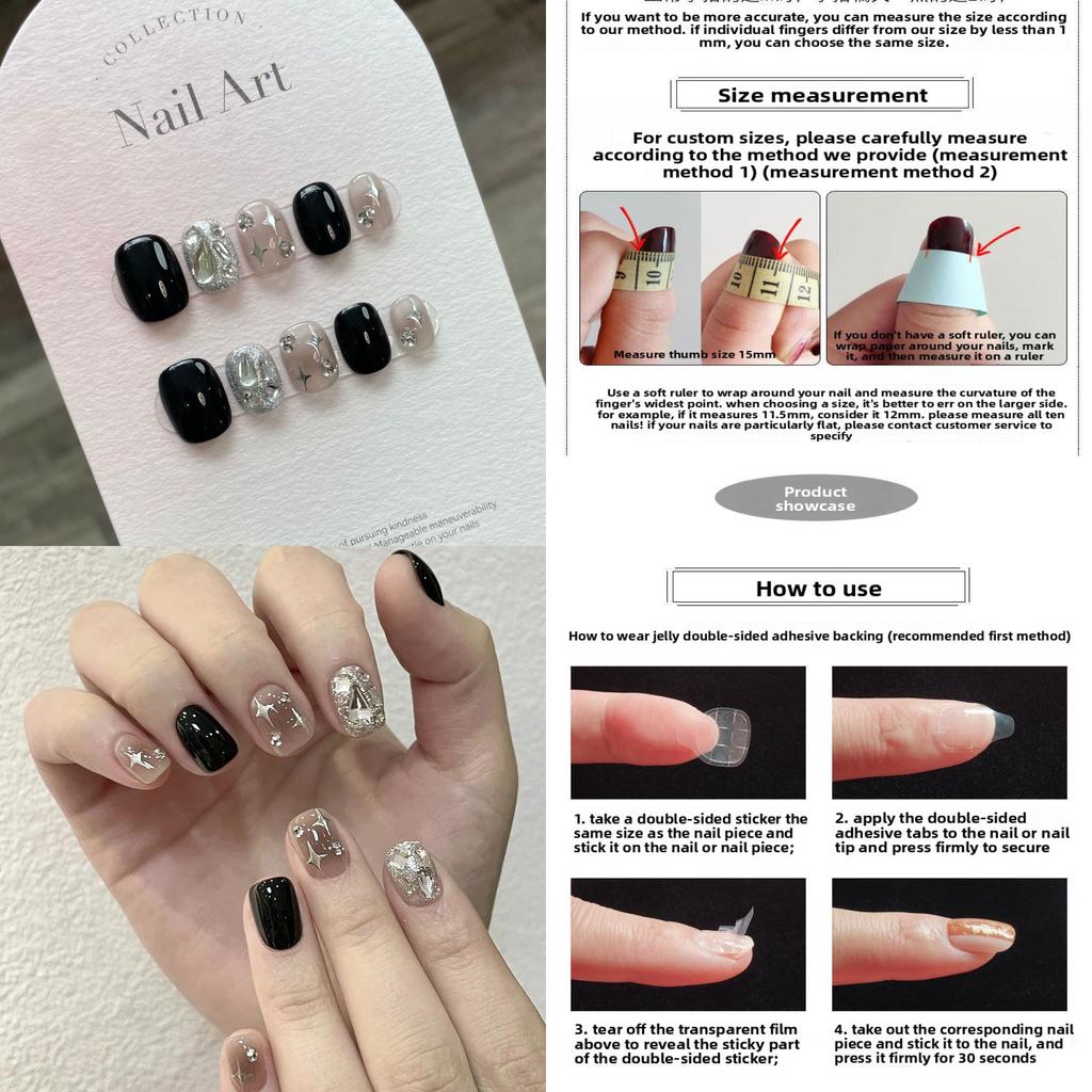 Diy Presson Nail Tips With Black Shimmer Water Diamoans And Fourpoint Star Accent For Night Out And Party