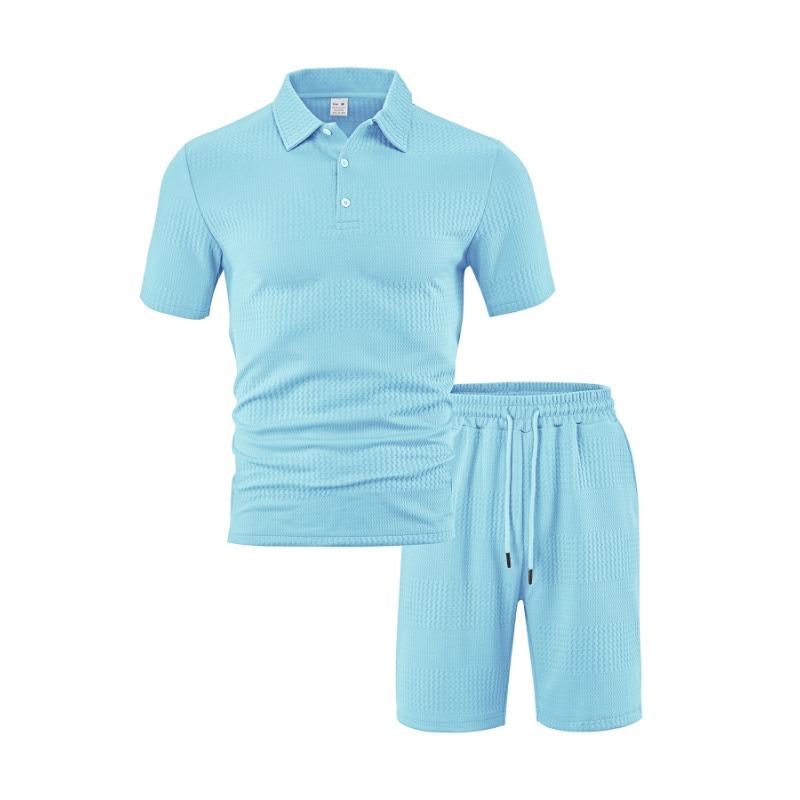 Mens Casual Two Piece Outfit Waffle Knit Short Sleeve Polo Shirt And Drawstring Shorts Set