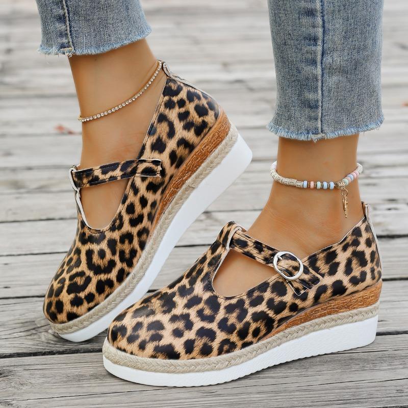 Thick-soled fashion casual single shoes women's printed bag head belt buckle hollow wedge heel large size single shoes