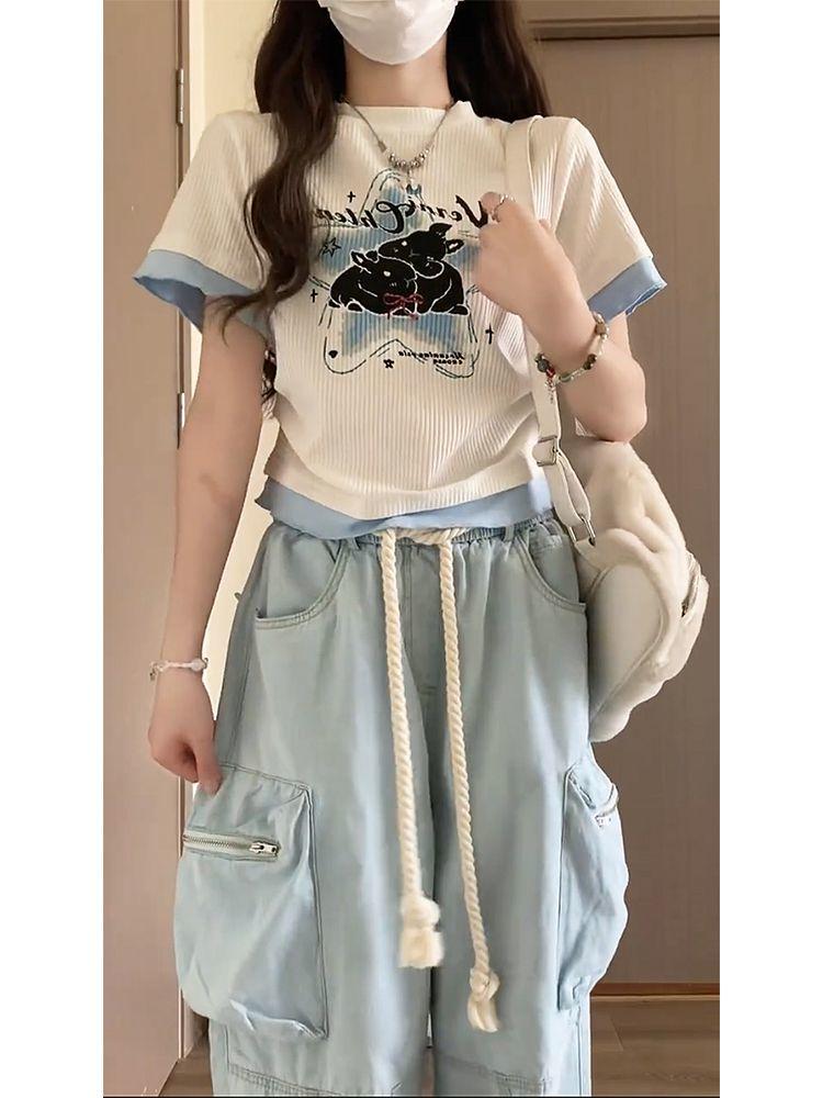 Mädchen Niedliche T-Shirts Kurzer Stil Y2K Tees Sweat Rundhals Lässige T-Shirts Für Frauen