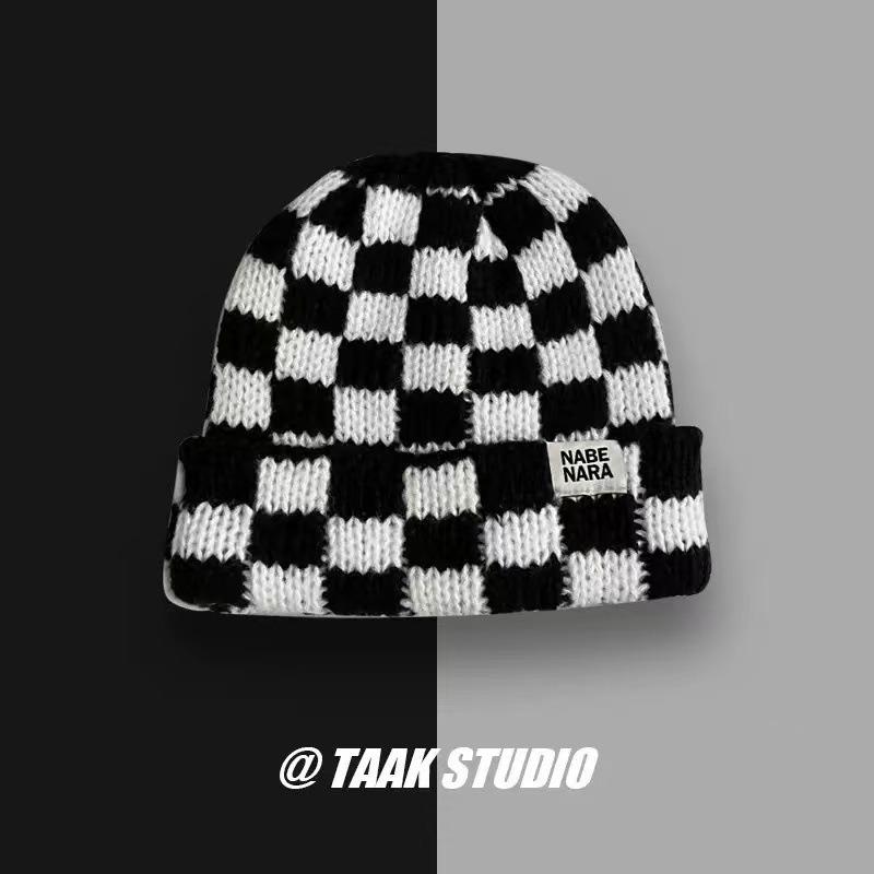 New autumn and winter knitted hats, women's ear protectors, warm contrasting color checkerboard, small versatile wool hats, couple cold hats