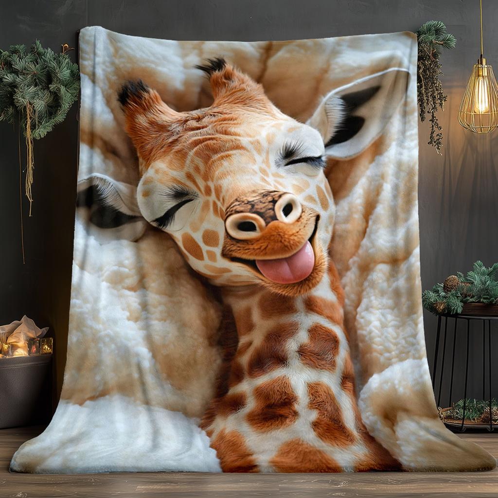 Custom Giraffe Blanket Funny Animal Selfie Design Personalized Name Fleece Throw All Season Soft Warm Bedding Home Decor Gift