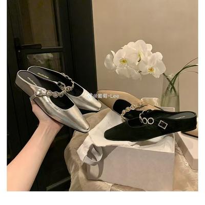 Sheepskin Version~ Grape Mother, the Same French Small Square Head One-word Diamond Belt, Shallow Mouth Inner Height Increase, Muller Half Slippers
