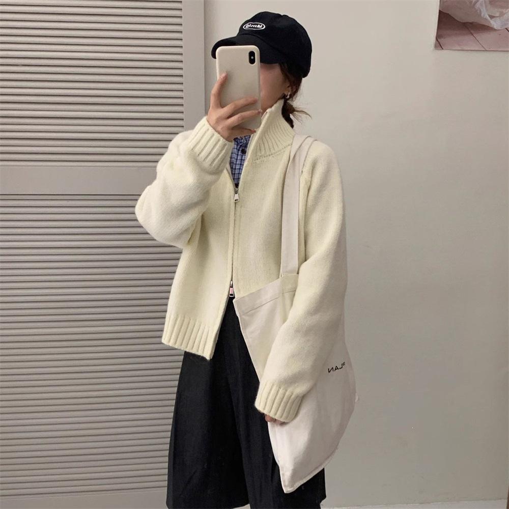 Women's Korean Style Stand Collar Double Zipper Knit Cardigan