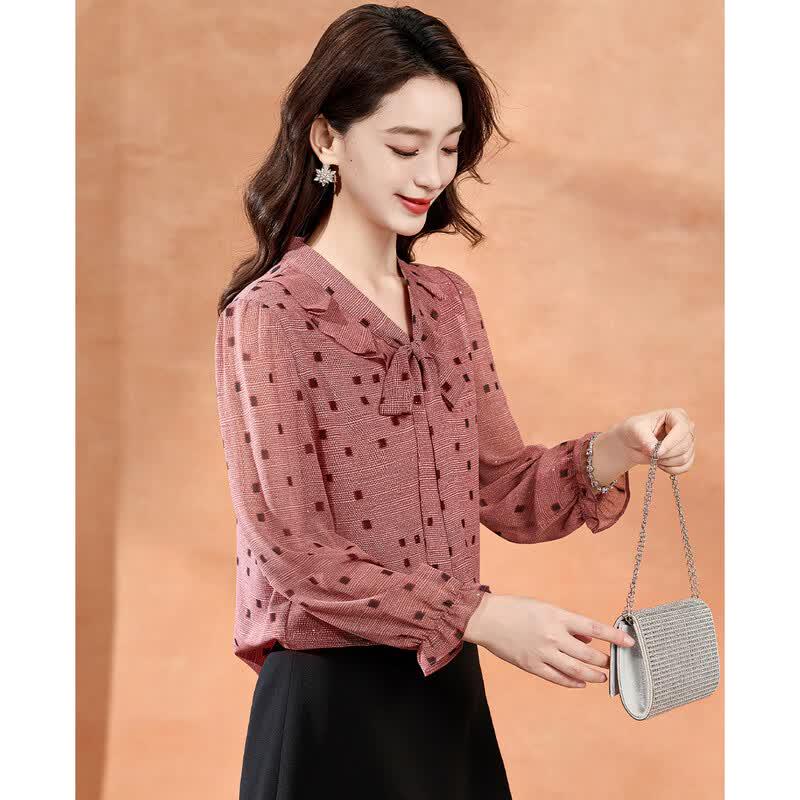 Women s Summer Ruffle Tie-Neck Polka Dot Blouse L