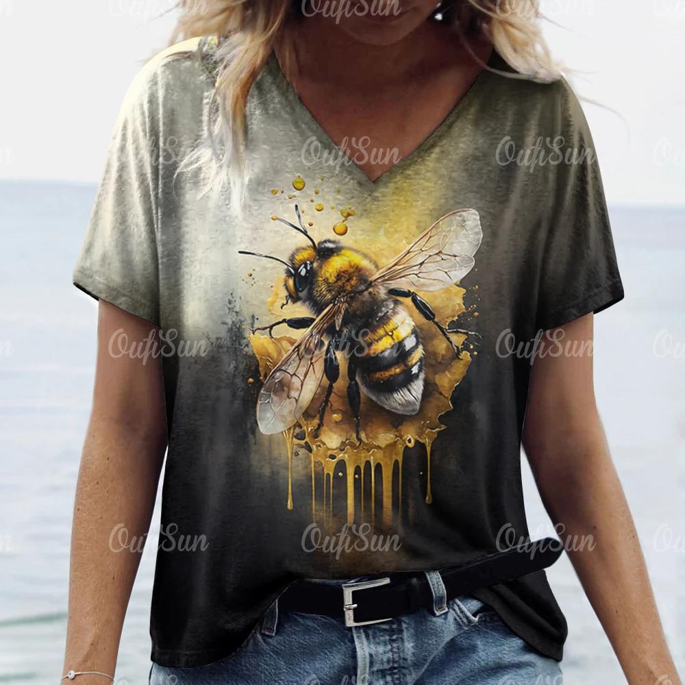 Dam T-shirt med retro bitryck Naturlandskap V-ringad topp Kortärmad tröja Lös Vardaglig design Kläder