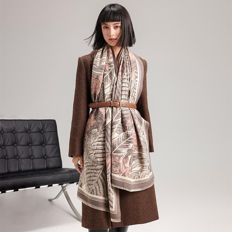 Style Floral Lines Texture Fashion Printing Double-Sided Imitation Cashmere Warm Scarf Women'S Outer Shawl