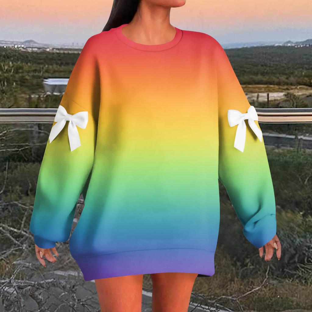 Women's Graduated Print Bow Round Neck Long Sleeve Loose Pullover Sweatshirt T-Shirt