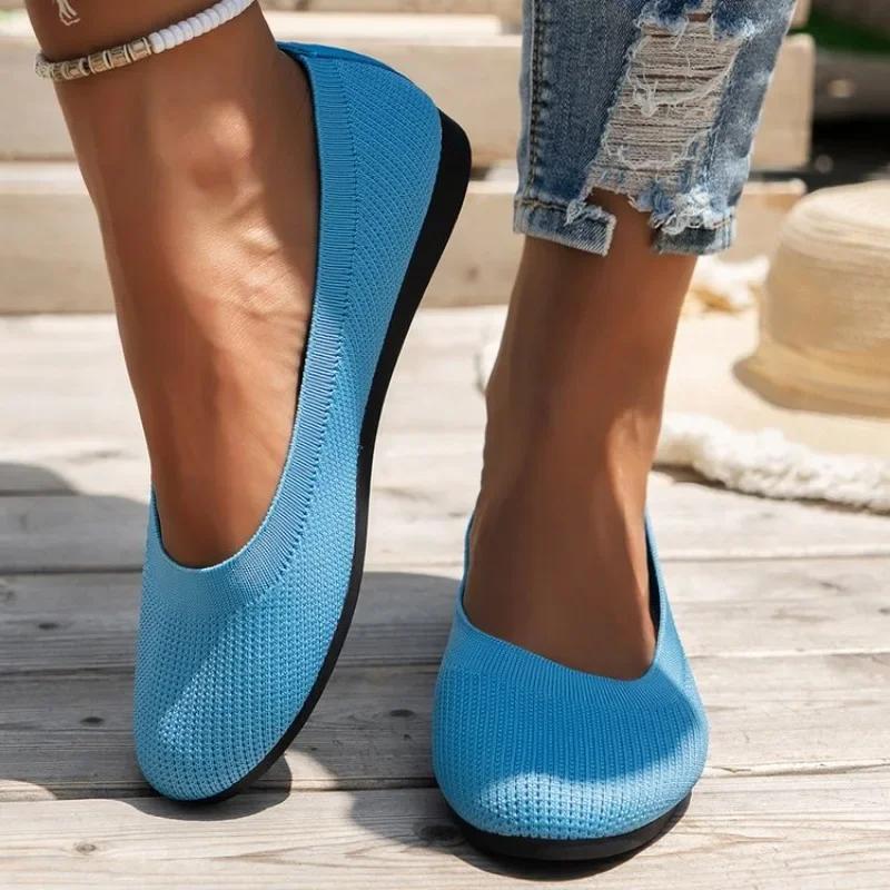 Fashion Round Toe Flats for Women Comfortable Knit Ballet Flat Shoes Casual Slip On Shallow Shoes Office Boat Shoes Plus Size Moccasins