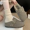 Winter Suede Women Flats Cotton Slippers Short Plush Designer Buckle Casual Mules Shoes 2025 Trend Warm Home Snow Botas De Mujer