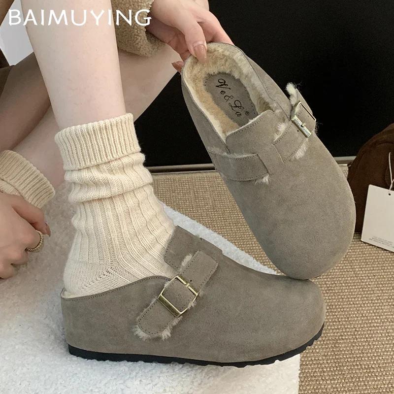 Winter Suede Women Flats Cotton Slippers Short Plush Designer Buckle Casual Mules Shoes 2025 Trend Warm Home Snow Botas De Mujer