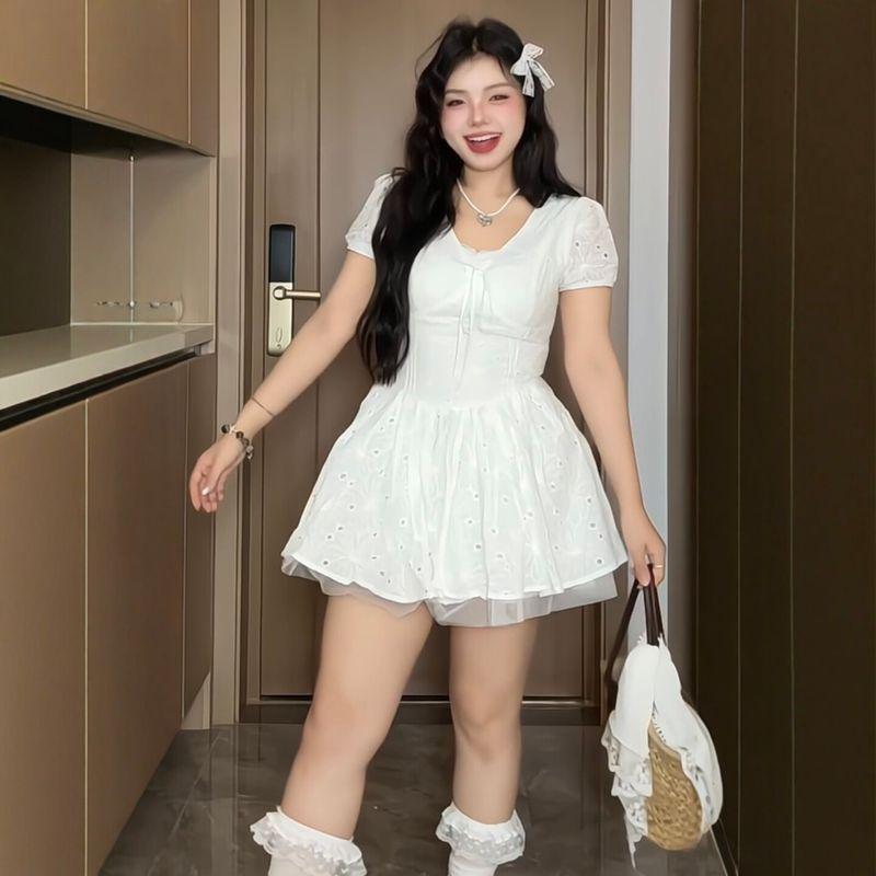Plus-Size Women s Clothing for Fat Girls, French Sweet Style Hollow-Out V-Neck Waist-Cinching Dress, 2026 Summer Fashion Slimming Dress White Dress M
