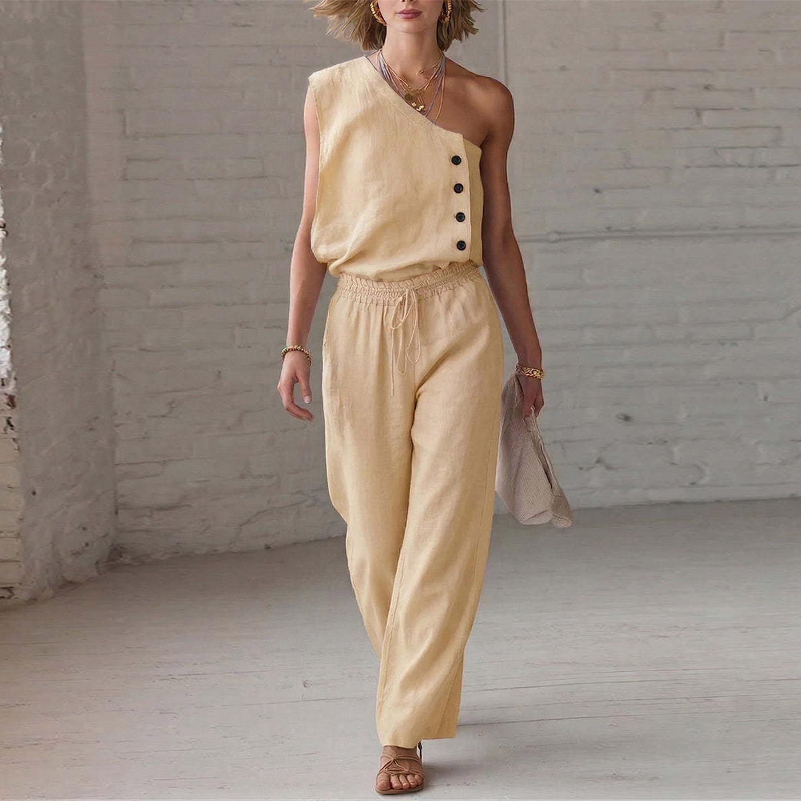 

Women Sleeveless One Shoulder Button Detail Top with Elastic Waistband Pants Two Piece Set Casual Loose Fit Lightweight Fabric S хаки