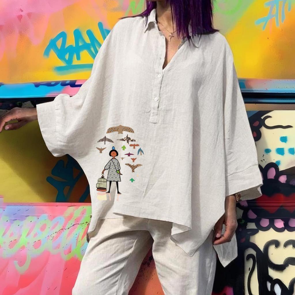 Locker sitzende Fledermausärmel-Oberteile aus Baumwolle und Leinen für Damen – Lässige Kleidung in Übergröße