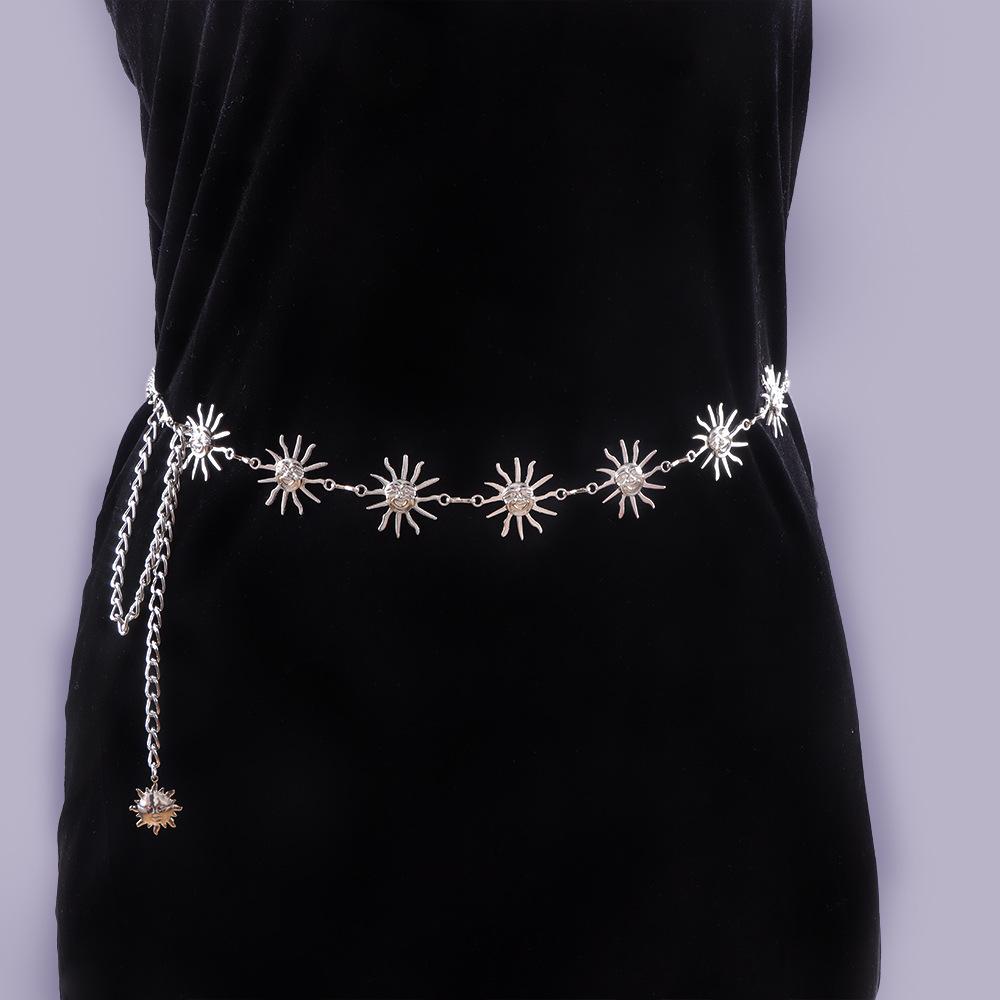 

Women Fashion Belt Hip Hop High Waist Gold Silver Color Vortex Sun Chain Chunky Fringes Waist Chain Corset Chain Belt