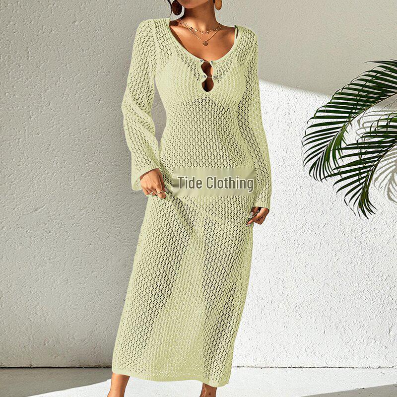 European-American Hollow Texture V-Neck Button Backless Long-Sleeve Beach Dress