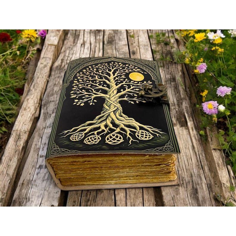 Tree of Life Grimoire Handmade leather journal Notebook Blank spell book of shadows Leather Celestial Gifts For Him Her
