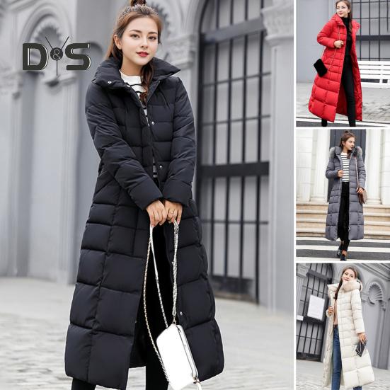 Winter Women Cotton Jacket Detachable Hood Neck Protection Long Sleeves Pockets Knee Length Zipper Closure Padded Coat Solid Color Windproof Outwear