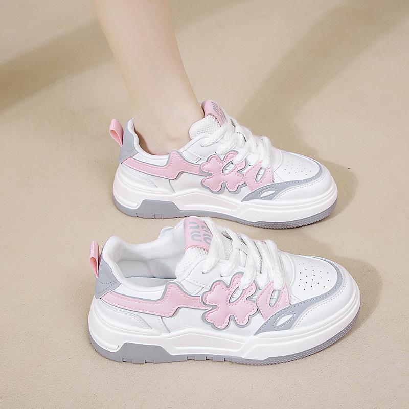 New Versatile Flower Mesh Breathable Thick-soled Women's Leather Versatile Casual Skateboard Shoes