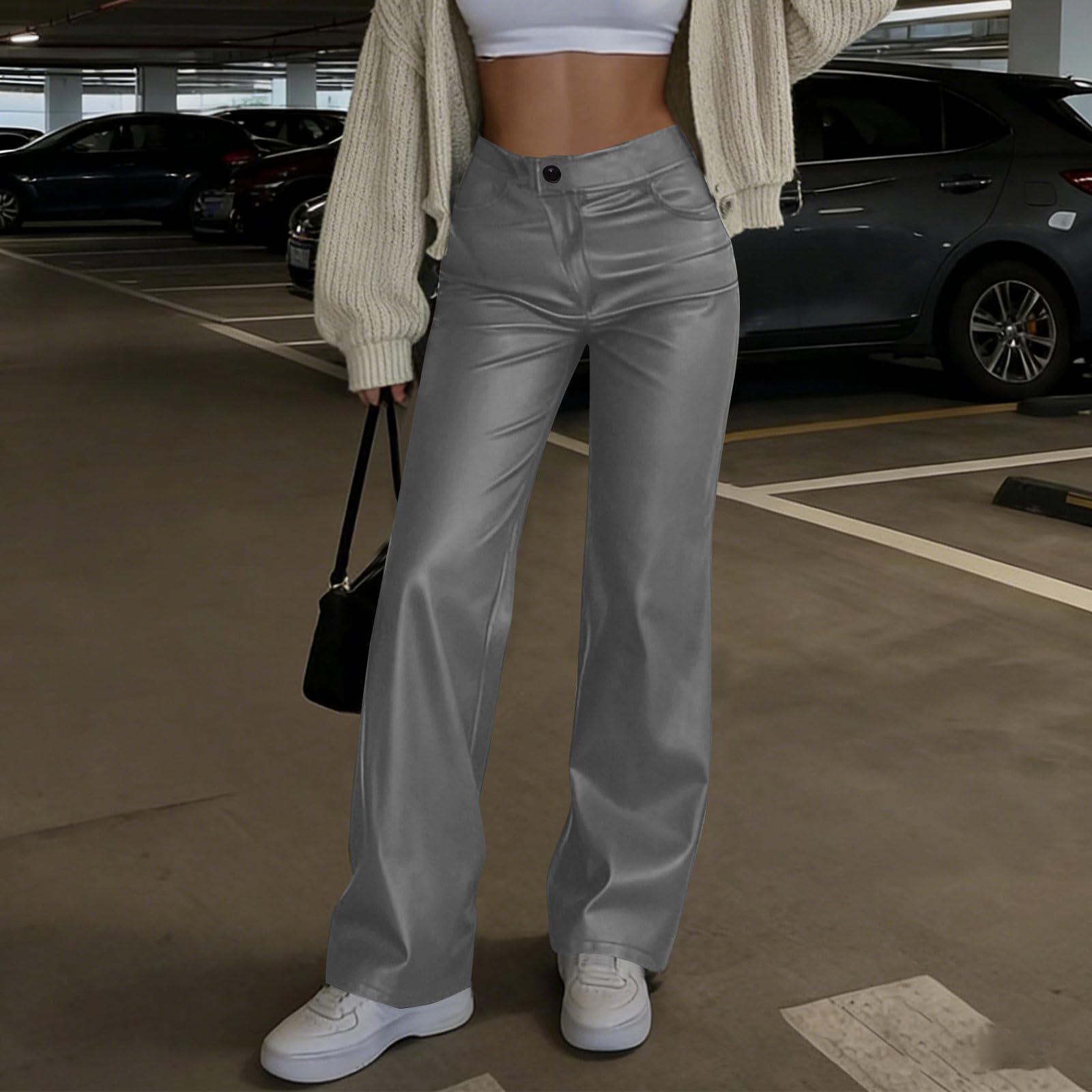 

Жіночі шкіряні штани з високою посадкою, прямі шкіряні штани з кишенями, еластичні матові повсякденні штани з екошкіри L