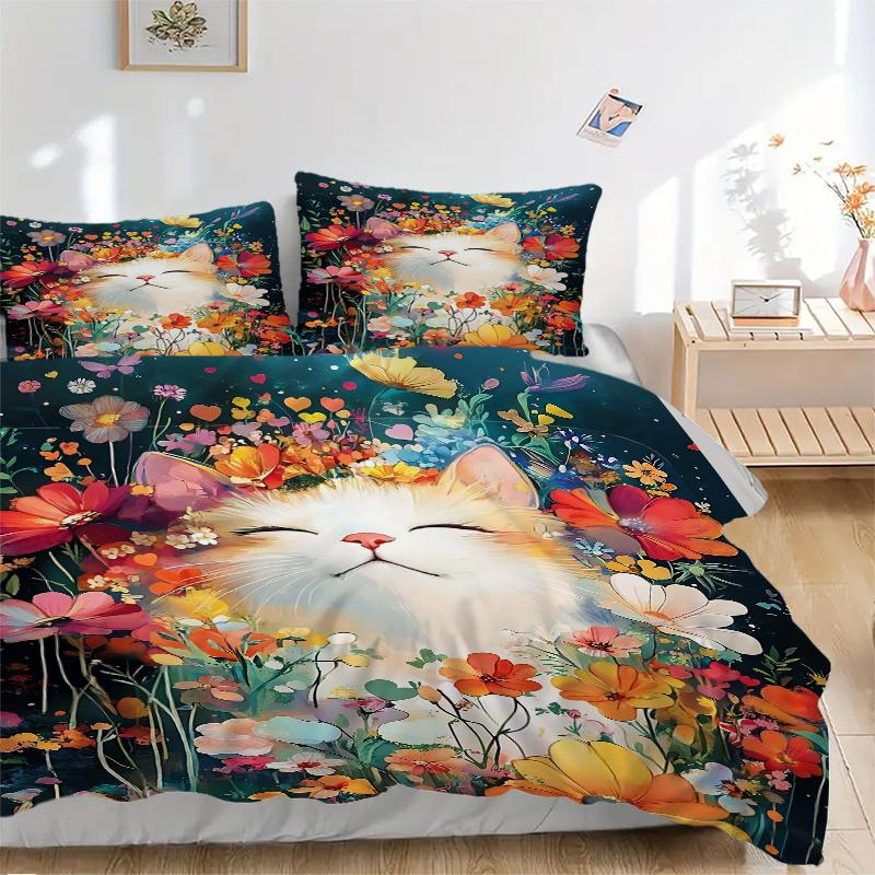 3pcs Colorful Art Cat & Flowers Quilt Cover Set - Soft and Cozy Bedroom, Guest Room and Dorm Decorative Bedding 3-Piece Set 1 Quilt Cover + 2 Pil