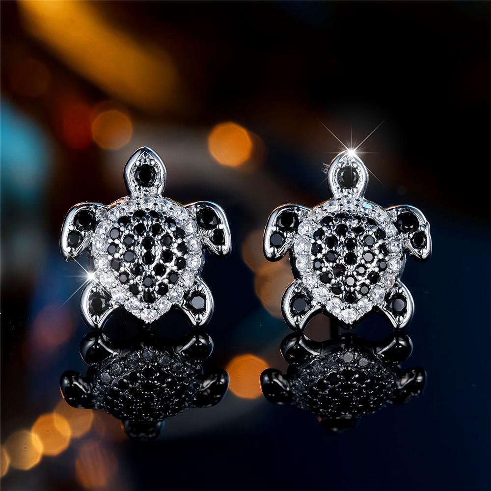 Cute Female Green Rose Red Blue Zircon Stone Small Round Turtle Stud Earrings Vintage Silver Color Wedding Jewelry For Women