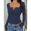 Women's V Neck Long Sleeve Ribbed Top Slim Fit Elegant Solid Crop Top With Lace Button Trim