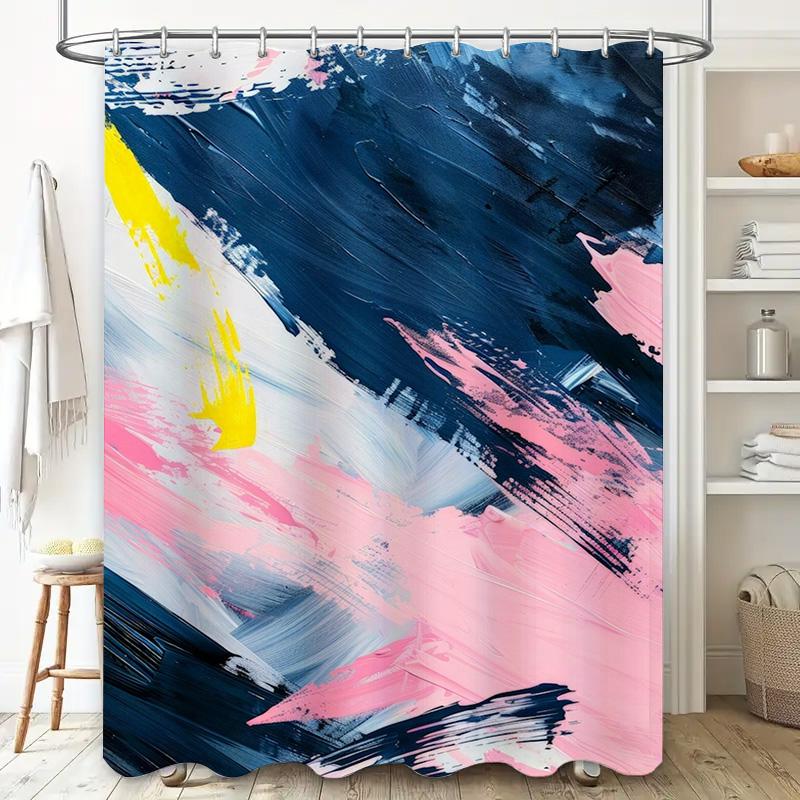 Artistic Watercolor Design Shower Curtain for Bathroom Decor Navy Blue Pink White Yellow Waterproof Fabric Bath Mat Cover Size 7
