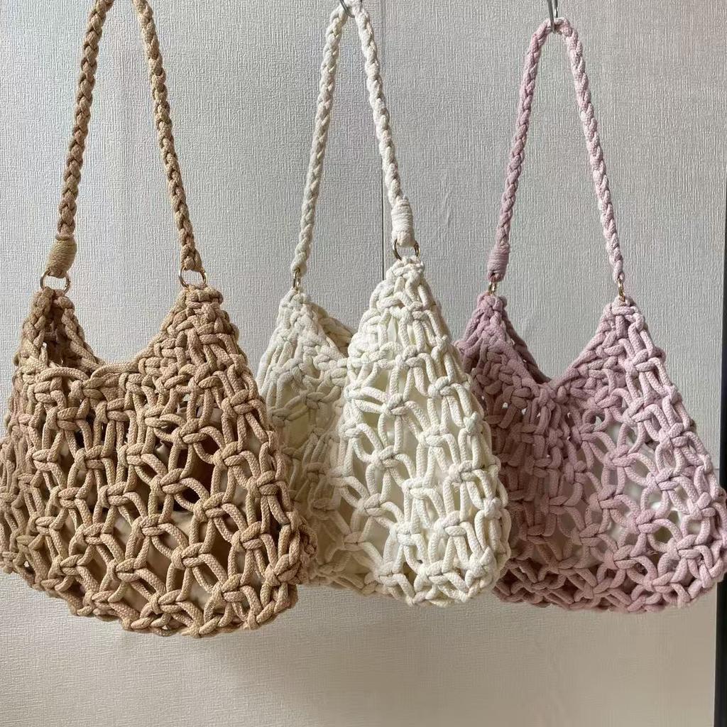 Summer Chic Solid Color Mesh Handbag Hollow Out Knitted Shoulder Bag Beach Tote Bag for Women