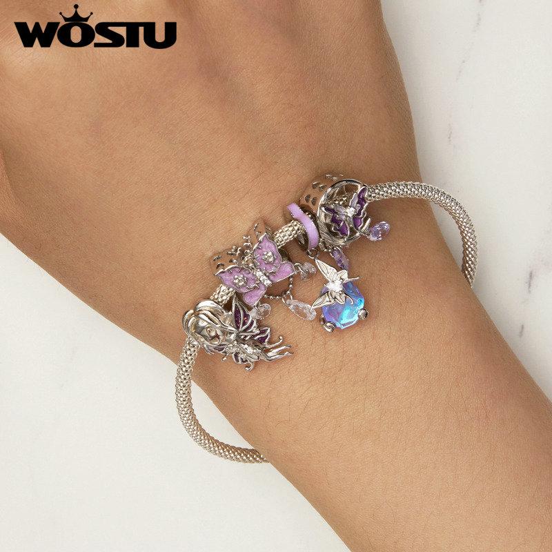 WOSTU Mystic Purple Series 925 Sterling Silver Butterfly Charms Elf Pendant Drop Zircon Moon Beads Fit DIY Bracelet Neckalce