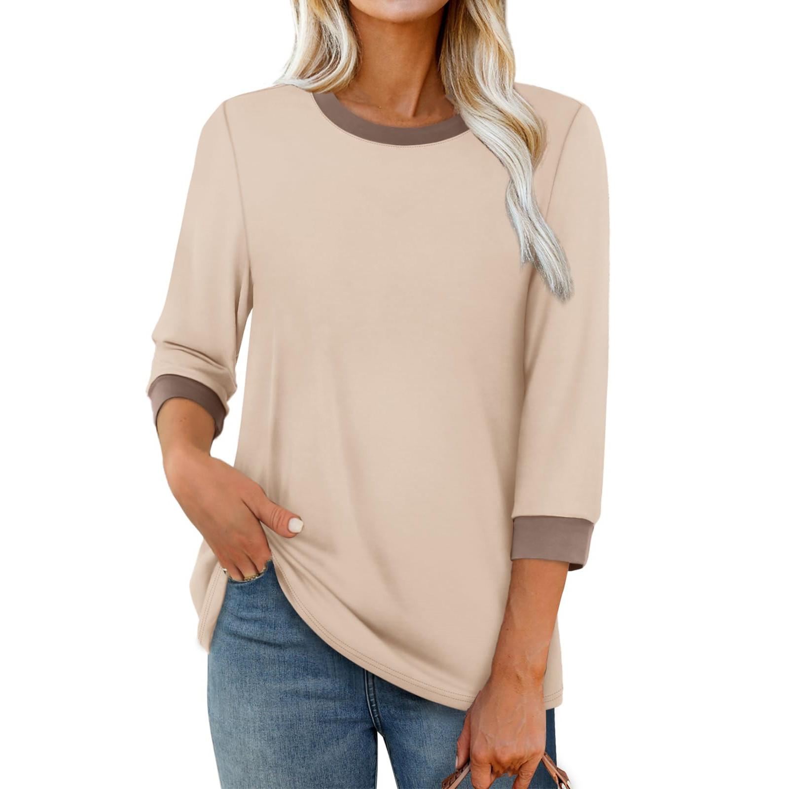 

Womens T Shirts 3/4 Length Sleeve Womens Tops Casual Round Neck Color Block Tunic Tops M