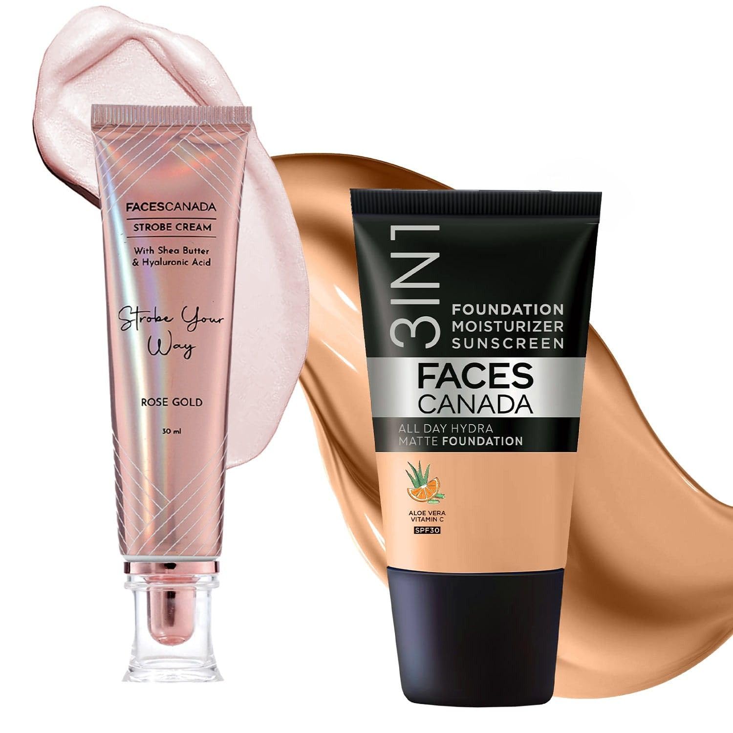 

FACESCANADA Rose Glow Kit | Rose Gold Strobe Cream (30Ml) + Warm Sand All Day Hydra Matte Mini Foundation (18Ml) | Full Coverage Makeup Kit For A